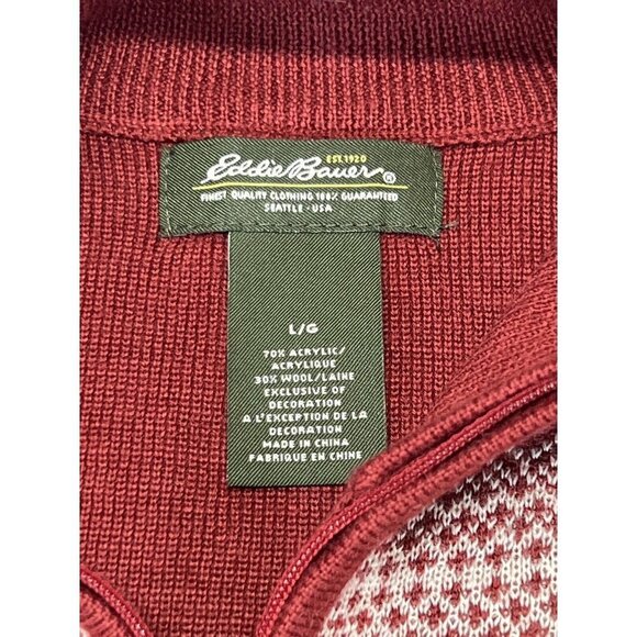 Eddie Bauer Sweater Womens L Red Nordic Fair Isle Zip Up Cardigan Wool Blend - Picture 7 of 7